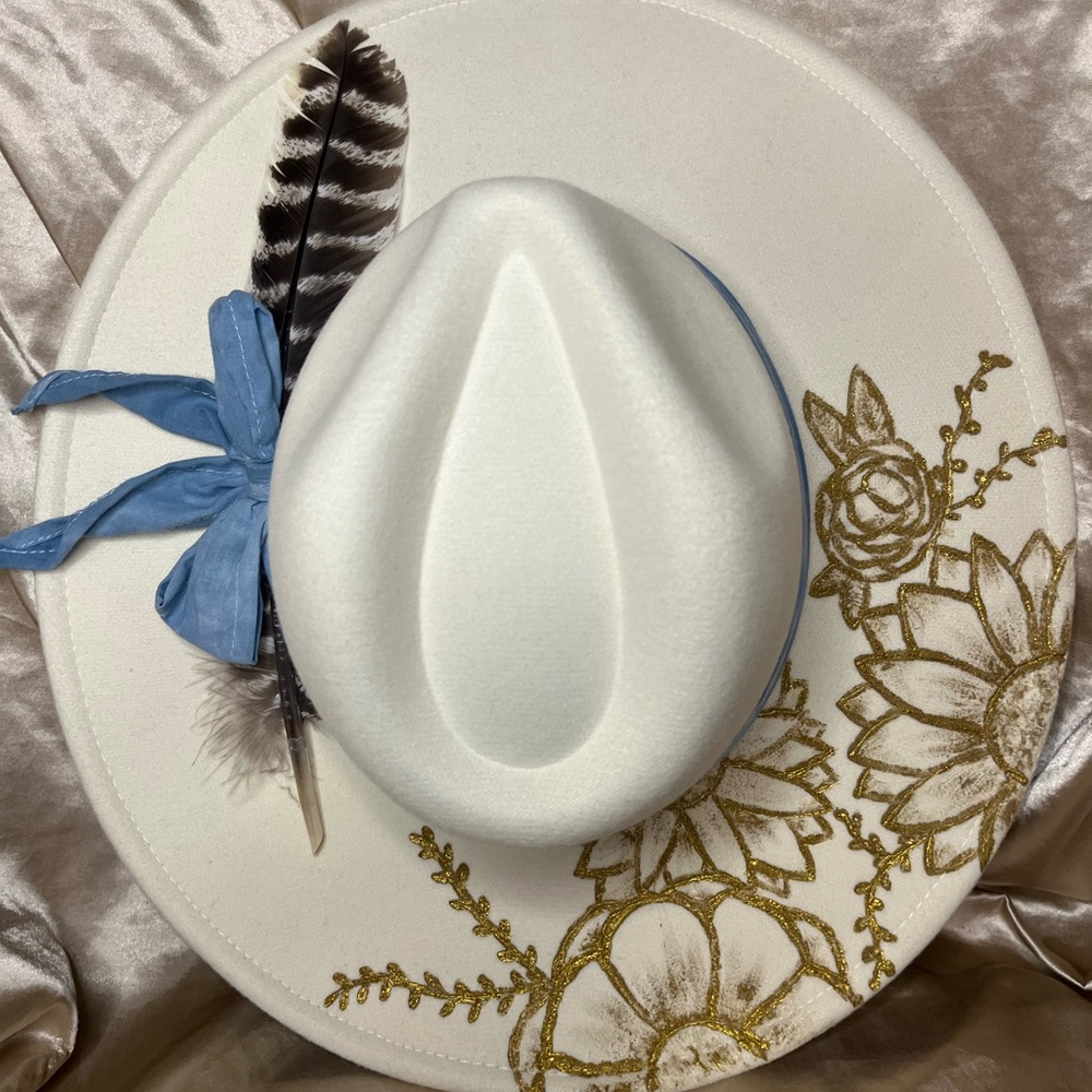 Custom tan free hand burned painted gold wide brim floral felt hat